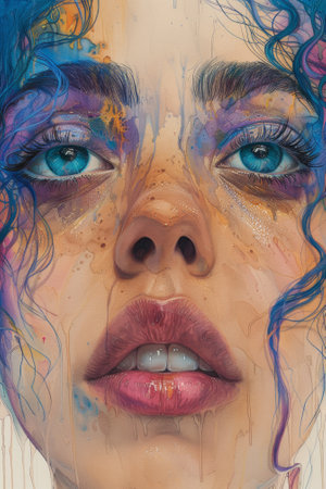 A painting of a woman with blue hair and purple eyes, AIの素材
