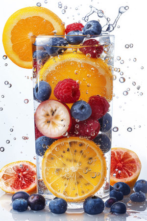 A glass of fruit and water with bubbles in it, AIの素材