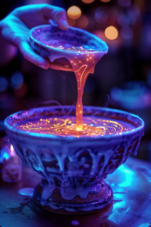 A person pouring liquid into a bowl with glowing lights, AIの素材