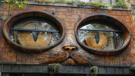 A building with two large cat eyes on the side of it, AIの素材