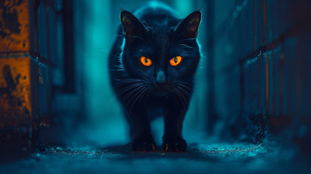A black cat with glowing eyes walking down a dark alley, AIの素材