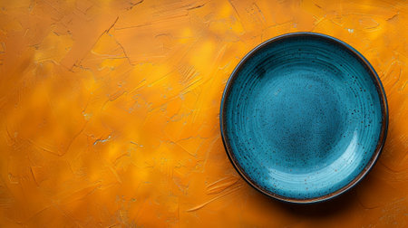 A blue plate sitting on a yellow background with some orange, AIの素材