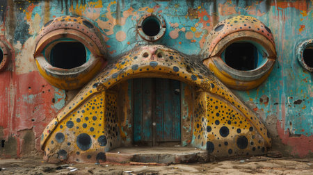 A colorful building with a large fish face on the front, AIの素材