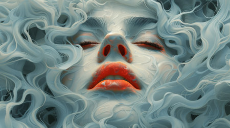 A woman with a face made of wavy hair and orange lips, AIの素材