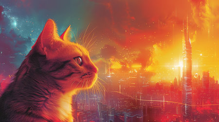 A cat looking up at a cityscape with colorful lights, AIの素材