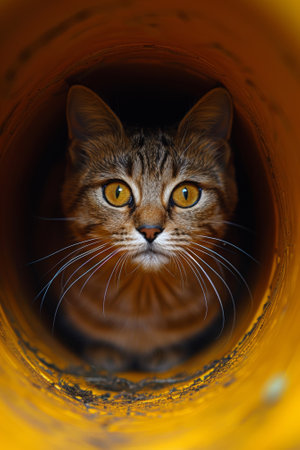 A cat looking up from inside a yellow tube with eyes open, AIの素材