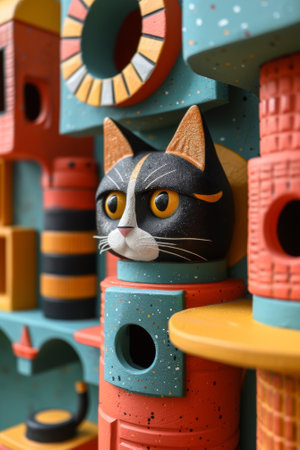 A cat head is on top of a colorful birdhouse, AIの素材