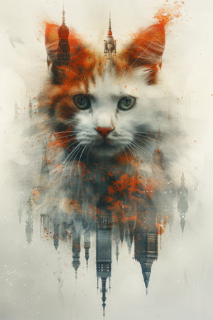 A cat with a city skyline in the background and buildings, AIの素材