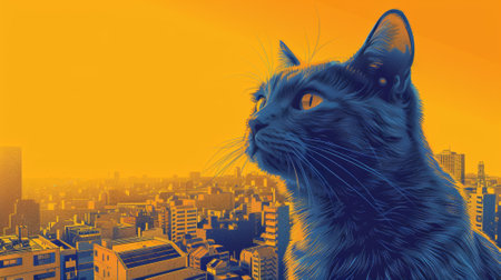 A cat looking up at the sky with a city in background, AIの素材
