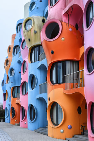 A building with many different colored windows and balconies, AIの素材