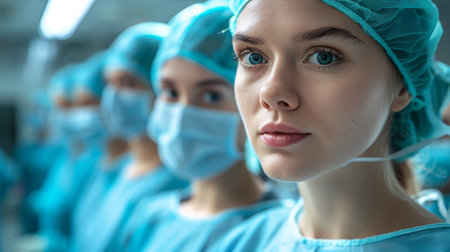 A group of female doctors in surgical scrubs standing next to each other, AIの素材