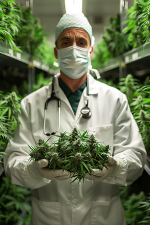 A man in a white coat holding medical marijuana plants inside of a room, AIの素材