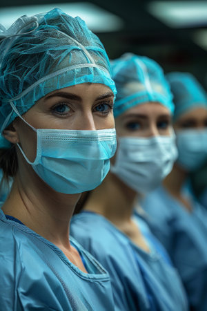 A group of female doctors in surgical scrubs with face masks, AIの素材