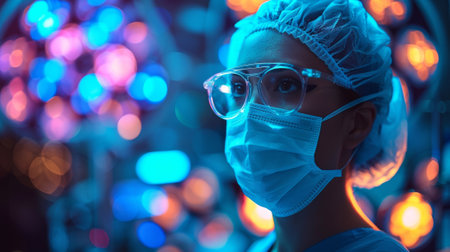A woman in a surgical mask and glasses with lights behind her, AIの素材
