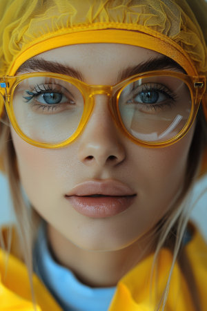 A close up of a woman wearing glasses and yellow rain gear, AIの素材