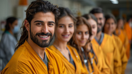 A group of people in orange scrubs standing next to each other, AIの素材