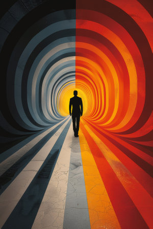 A man walking through a tunnel of colors and light, AIの素材