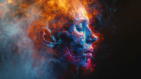 A skull with fire and smoke coming out of it, AIの素材