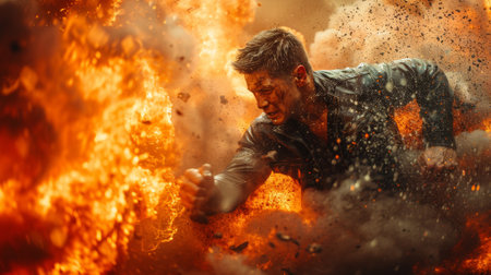 A man is running through a fire with his hand out, AIの素材