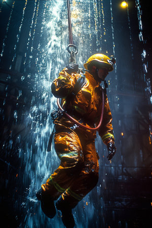 A fireman in a yellow suit hanging from the side of an elevator, AIの素材