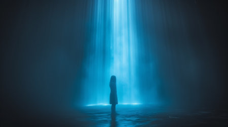 A person standing in front of a blue light coming from the ground, AIの素材