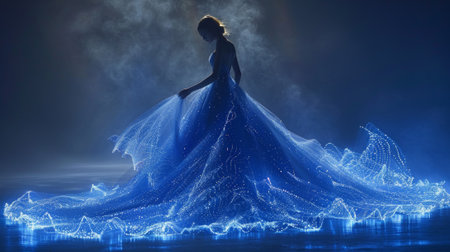 A woman in a blue dress is standing on the floor, AIの素材