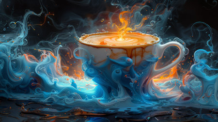 A cup of coffee with flames and smoke pouring out, AIの素材