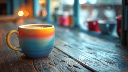 A colorful coffee cup sitting on a wooden table in front of windows, AIの素材