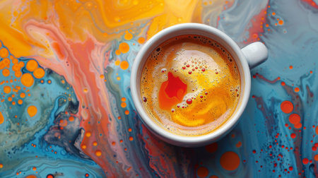 A cup of coffee is sitting on a colorful table, AIの素材