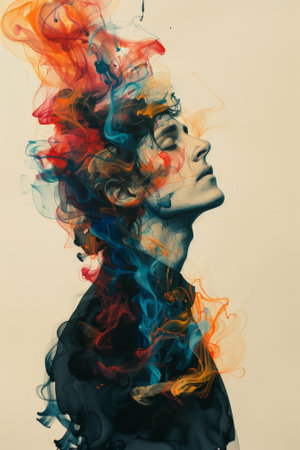 A man with his head in the air surrounded by colorful smoke, AIの素材
