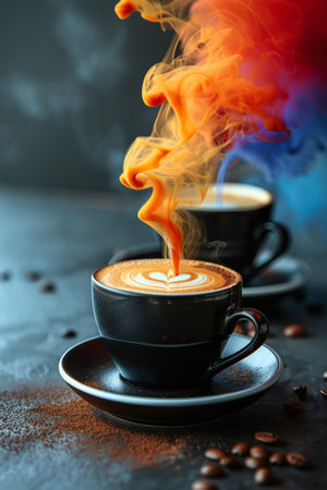 Two cups of coffee with steam coming out from them, AIの素材