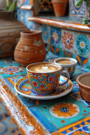 A cup of coffee is sitting on a table next to some pots, AIの素材