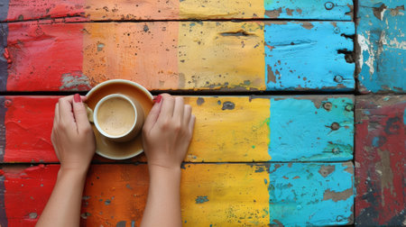 A person holding a cup of coffee on colorful painted wood, AIの素材