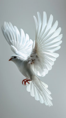 A white bird flying in the air with its wings spread, AIの素材