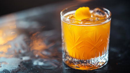 A close up of a glass filled with orange juice and ice, AIの素材