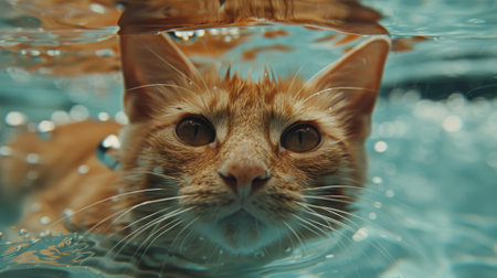 A cat swimming in a pool of water with its eyes open, AIの素材