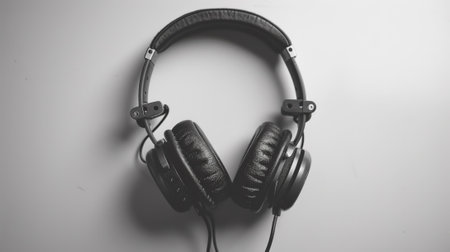 A pair of a black and white photo showing headphones on the wall, AIの素材