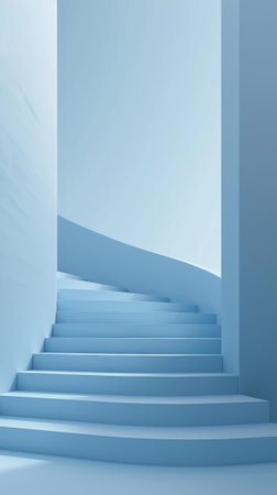 A white stairway with a blue wall and light coming from the top, AIの素材