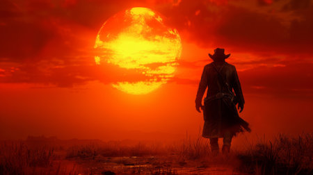 A man in a cowboy hat standing on top of an empty field, AIの素材