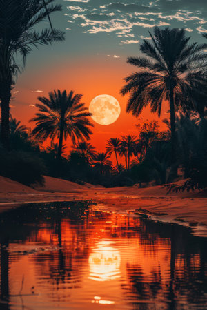 A sunset over a body of water with palm trees in the background, AIの素材