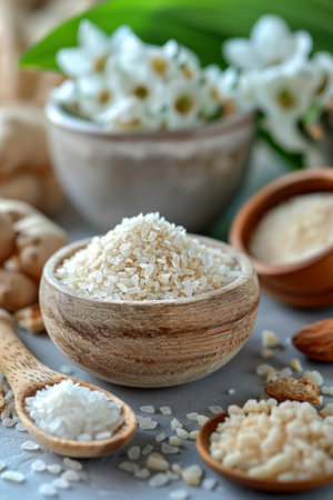 A bowl of rice and other food items on a table, AIの素材