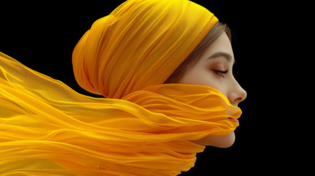A woman with a yellow scarf wrapped around her head, AIの素材
