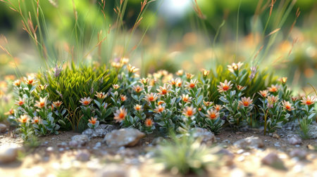 A close up of a field with flowers and grass, AIの素材