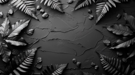 A black and white photo of fern leaves on a wall, AIの素材