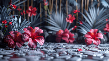 A group of red flowers are sitting on a rock covered in water, AIの素材