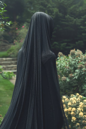 A woman in a black veil standing next to some flowers, AIの素材