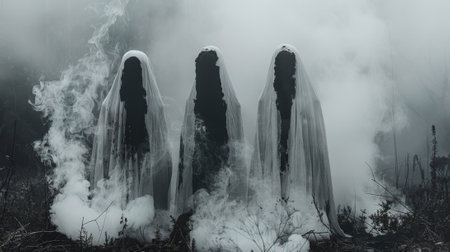 Three cloaked figures stand in a field of smoke and fog, AIの素材