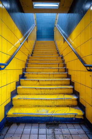 A yellow and blue tiled stairs leading to a door, AIの素材
