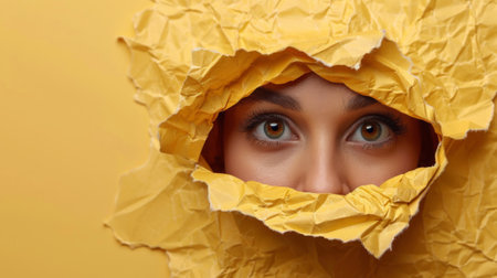 A woman peeking out of a piece of yellow paper, AIの素材