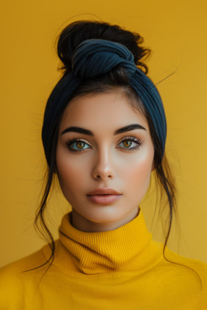 A woman with a blue headband and yellow sweater, AIの素材